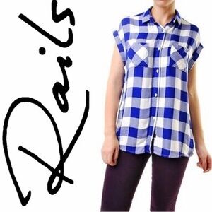 Rails Womens Sleeveless Blue Check Button Down Shirt Sz Small Coastal Preppy